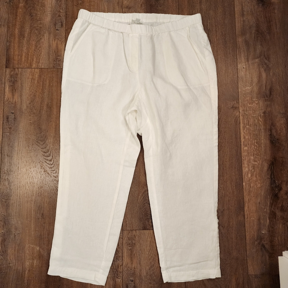 Pure Jill Linen Pants Full Length w/Roll Tab White Beachy Pull On Womens size 2X